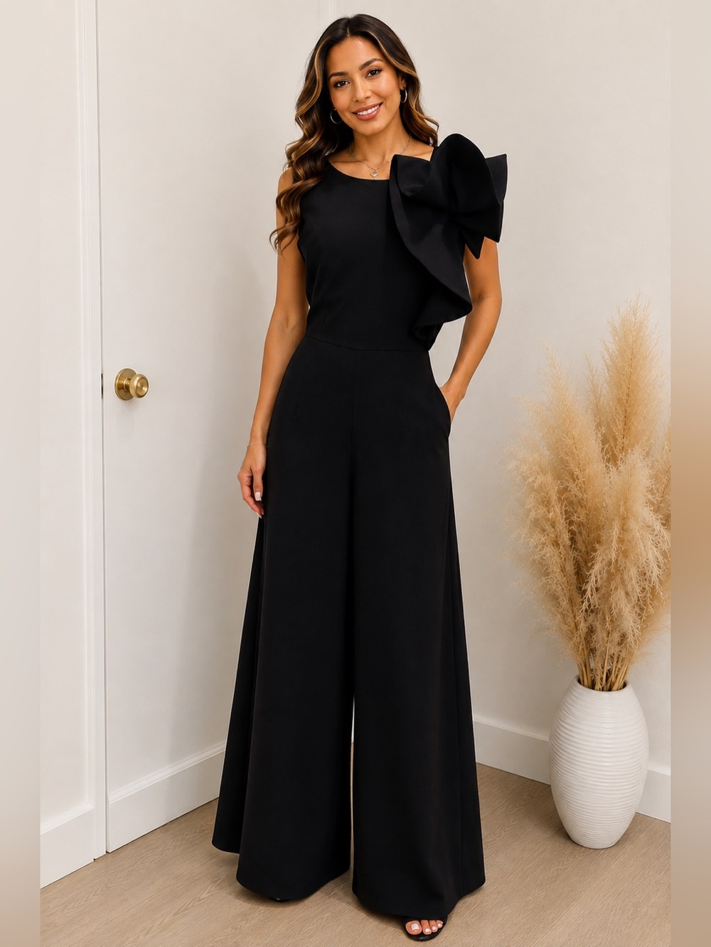 Black Jumpsuit with Sculptural Bow